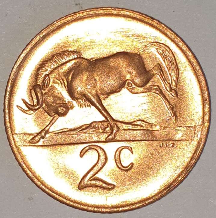 1976 - 2 CENT COIN (TWO CENT COIN) - RSA - BRONZE - KM#83 - BILINGUAL LEGEND - WILDEBEEST